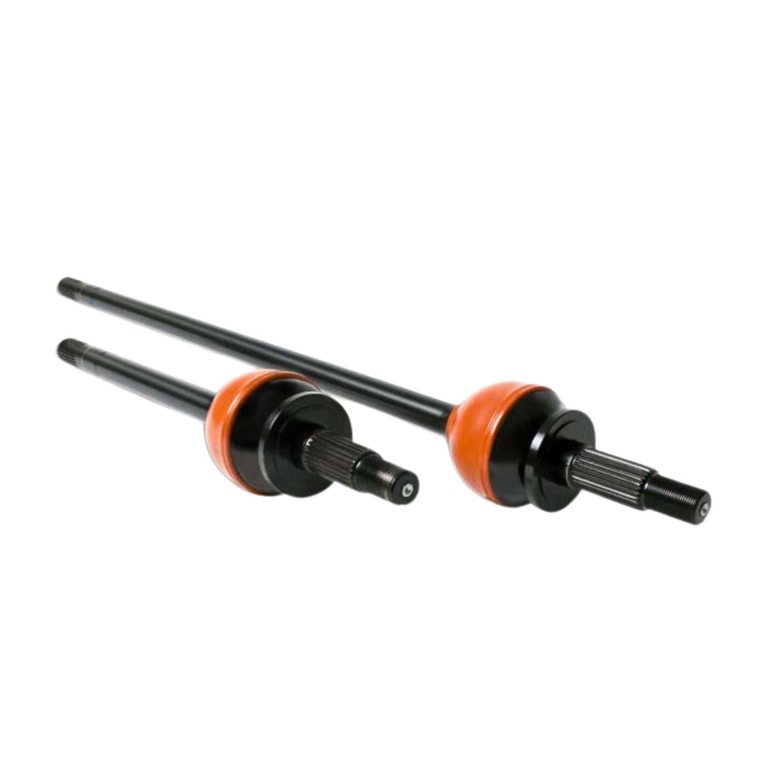 Two jeep jk rubicon 35 spline cv axles on a white background