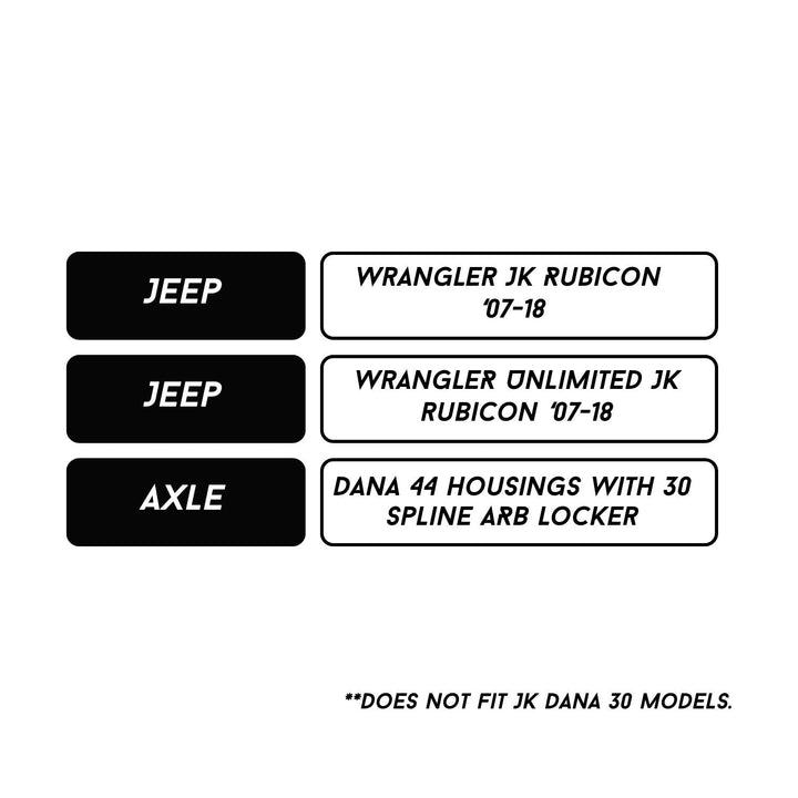Fitment data for Jeep jk off-road cv axle upgrade on a white background