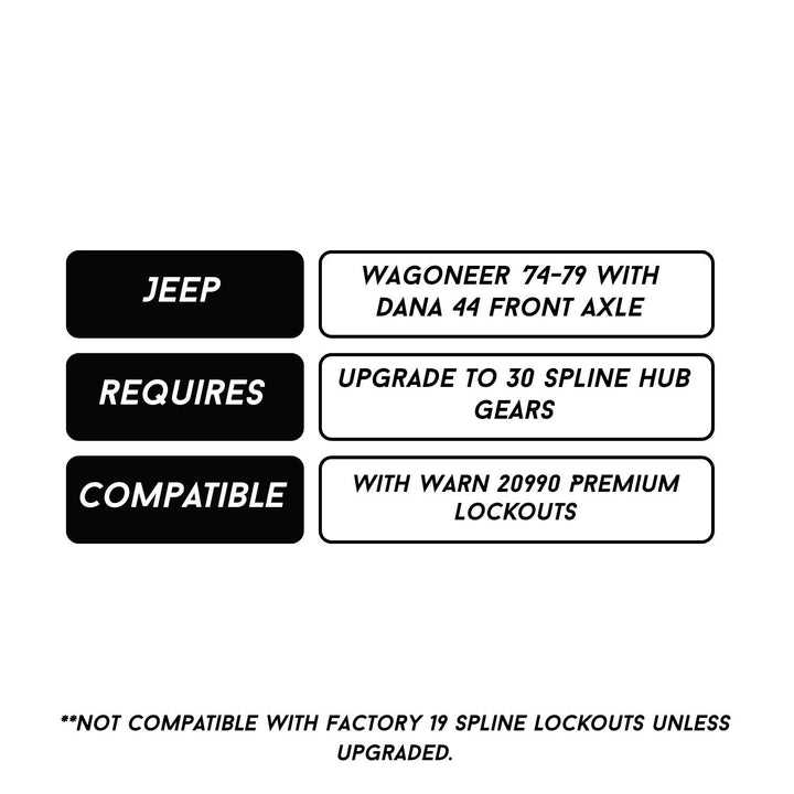 Compatibility chart for Jeep Wagoneer heavy duty rcv 30 spline conversion on a white background.