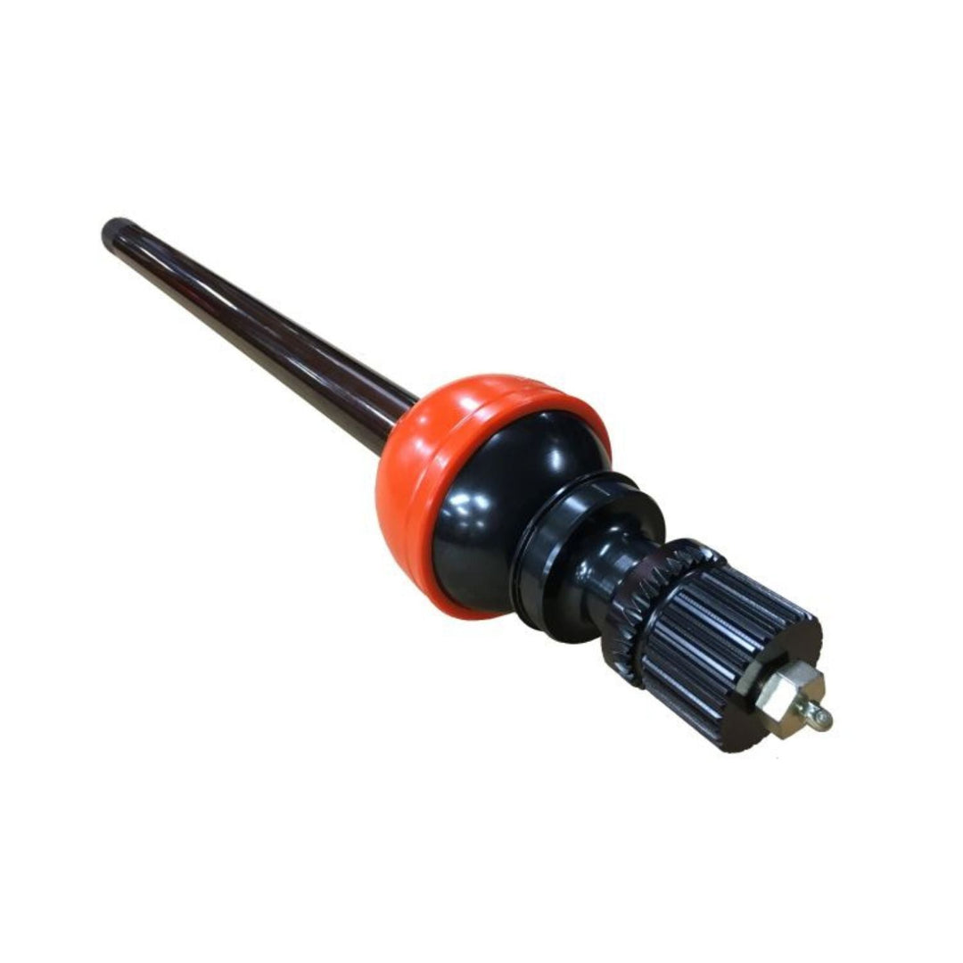 Black and orange RCV Big Bell CV axles for REID knuckles on a white background