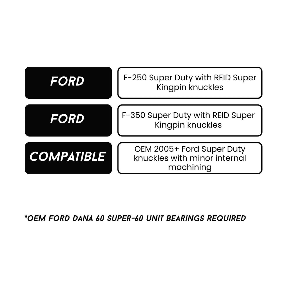 Compatibility chart for Ford Super Kingpin Dana 60 Big Bell axle upgrade on a white background