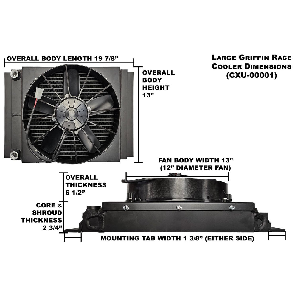 Griffin dual pass aluminum transmission cooler for race car dimensions with labeled measurements on a white background
