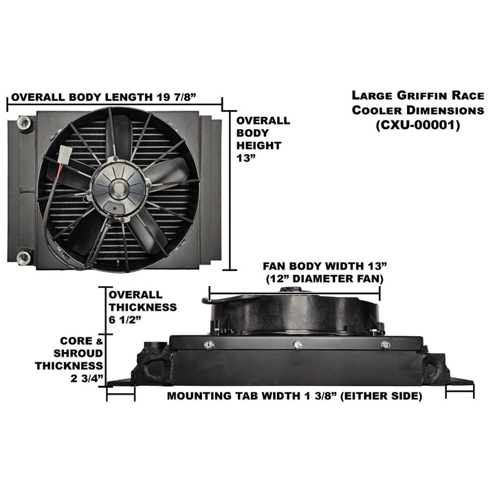 Griffin dual pass aluminum transmission cooler for race car dimensions with labeled measurements on a white background