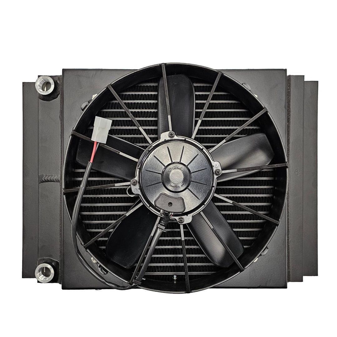 Griffin large race fluid cooler with 12 inch SPAL fan on a white background