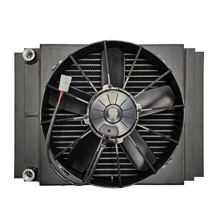 Griffin large race fluid cooler with 12 inch SPAL fan on a white background