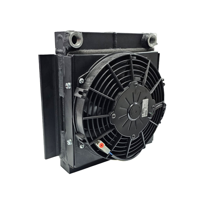 Black Griffin race fluid cooler with SPAL fan for rock crawler on a white background