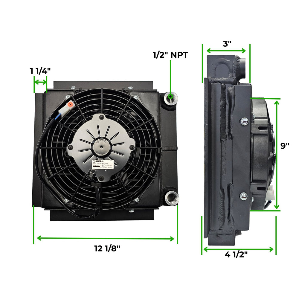 Black dual pass aluminum transmission cooler with electric fans with dimensions labeled on a white background