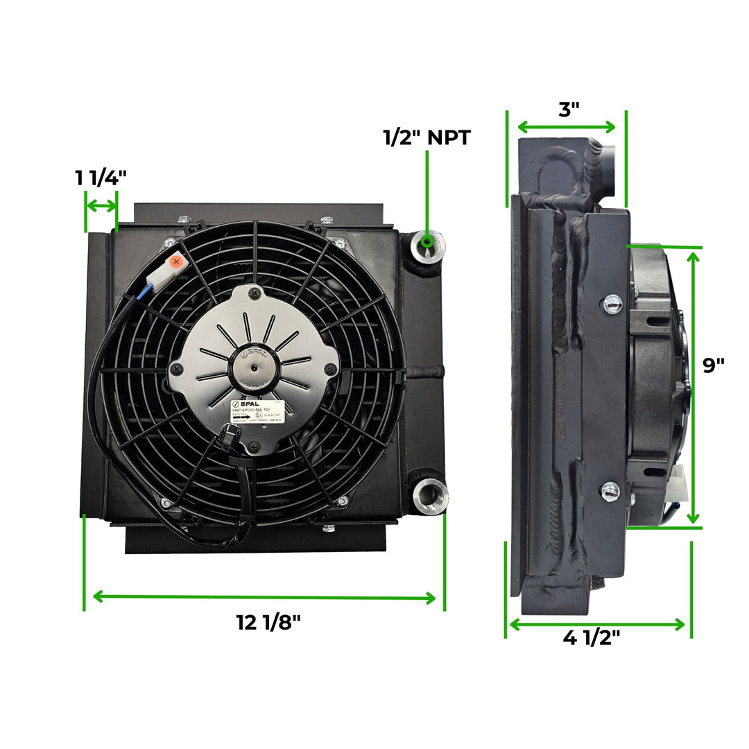Black dual pass aluminum transmission cooler with electric fans with dimensions labeled on a white background