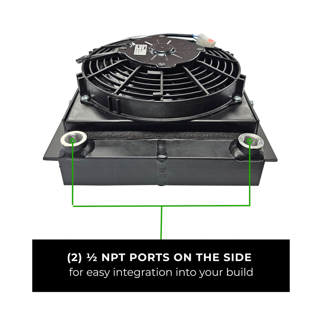 universal off road power steering fluid cooler with NPT ports on a white background