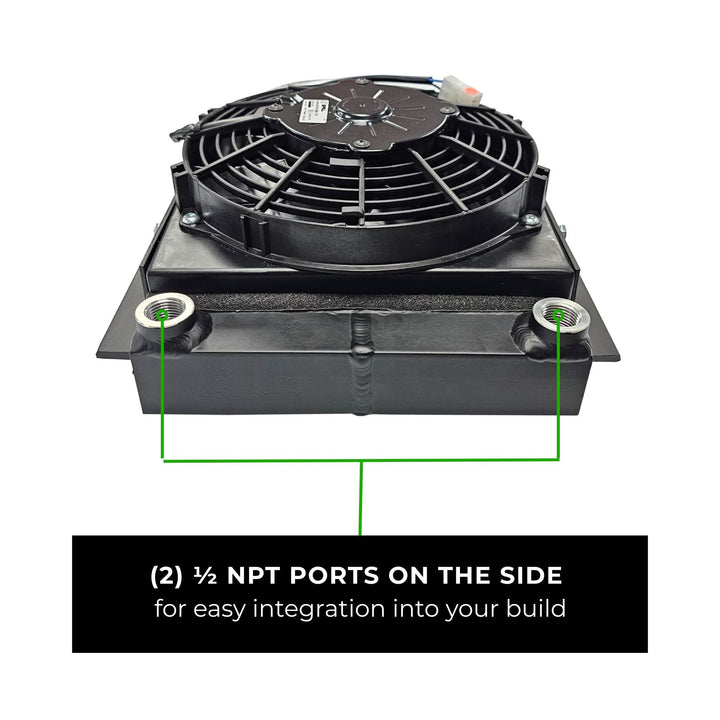 universal off road power steering fluid cooler with NPT ports on a white background