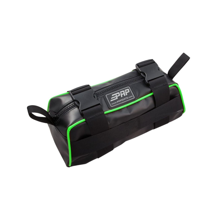Black and green off road vehicle bolt on storage pouch with a visible PRP brand logo on a white background