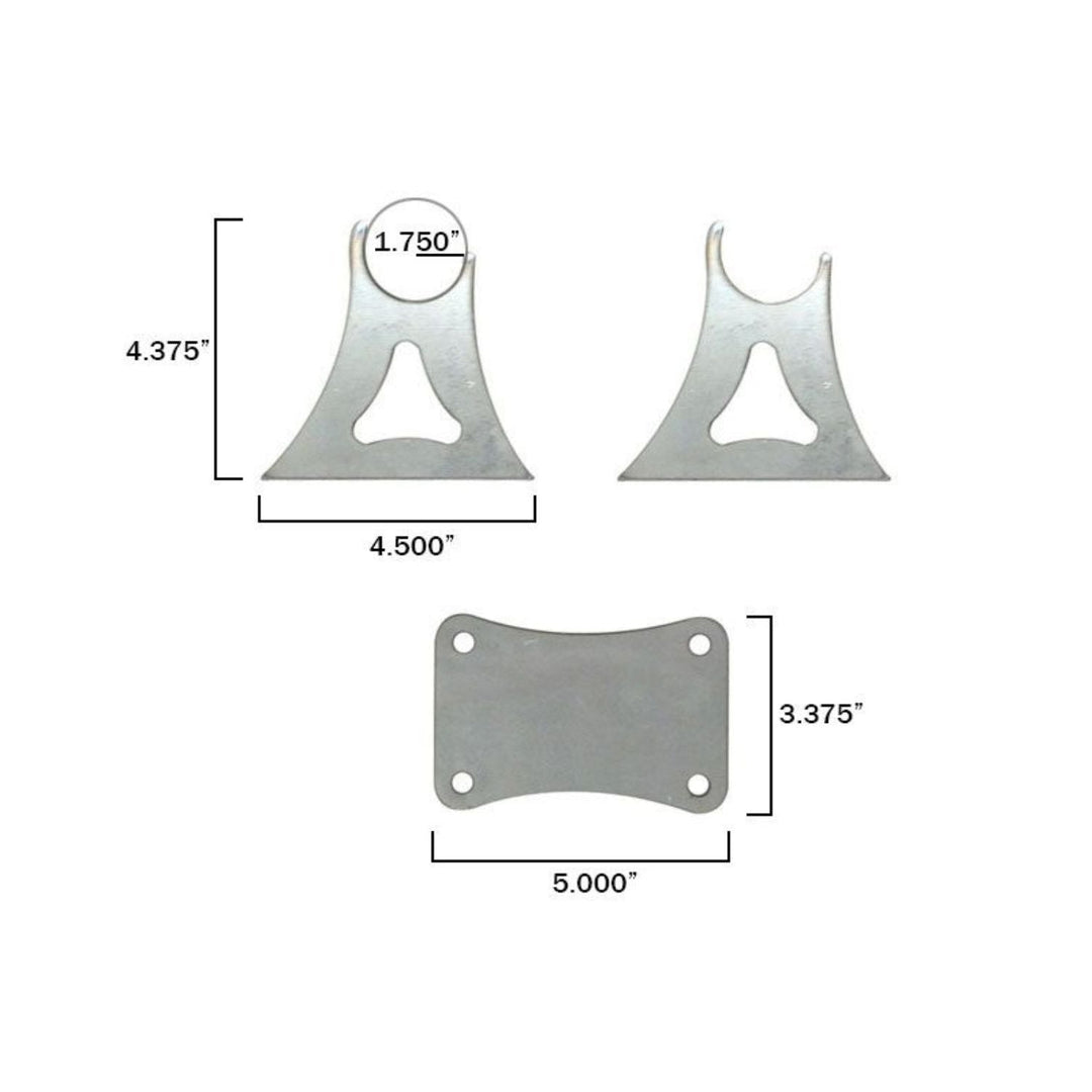 weld on  1.75 tube pedal tab with dimensions labeled on a white background