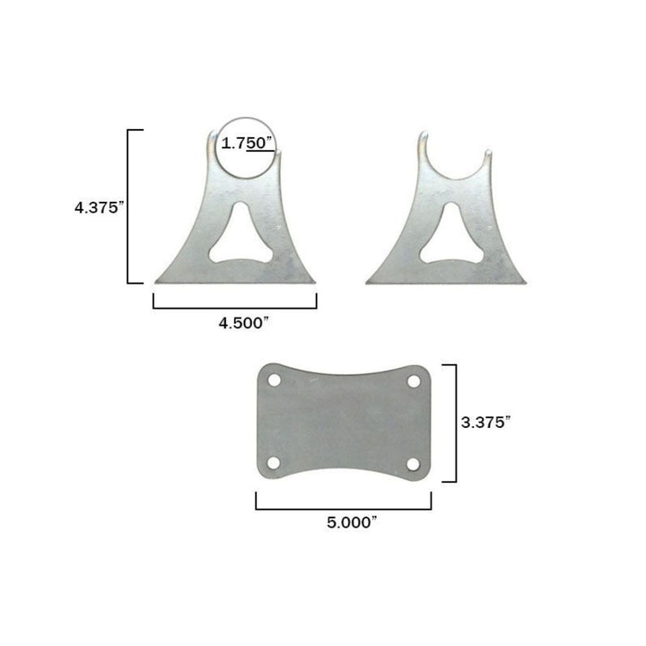 weld on  1.75 tube pedal tab with dimensions labeled on a white background