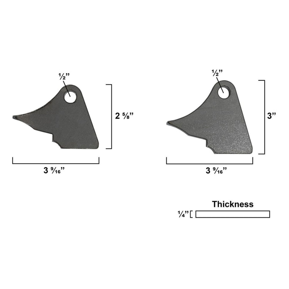 Two shock mount gussets with dimensions labeled on a white background