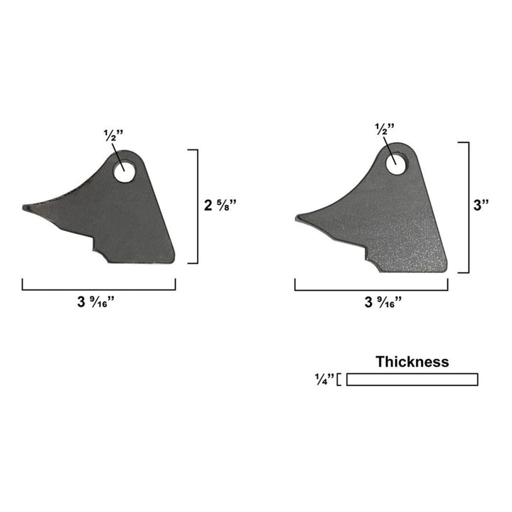 Two shock mount gussets with dimensions labeled on a white background