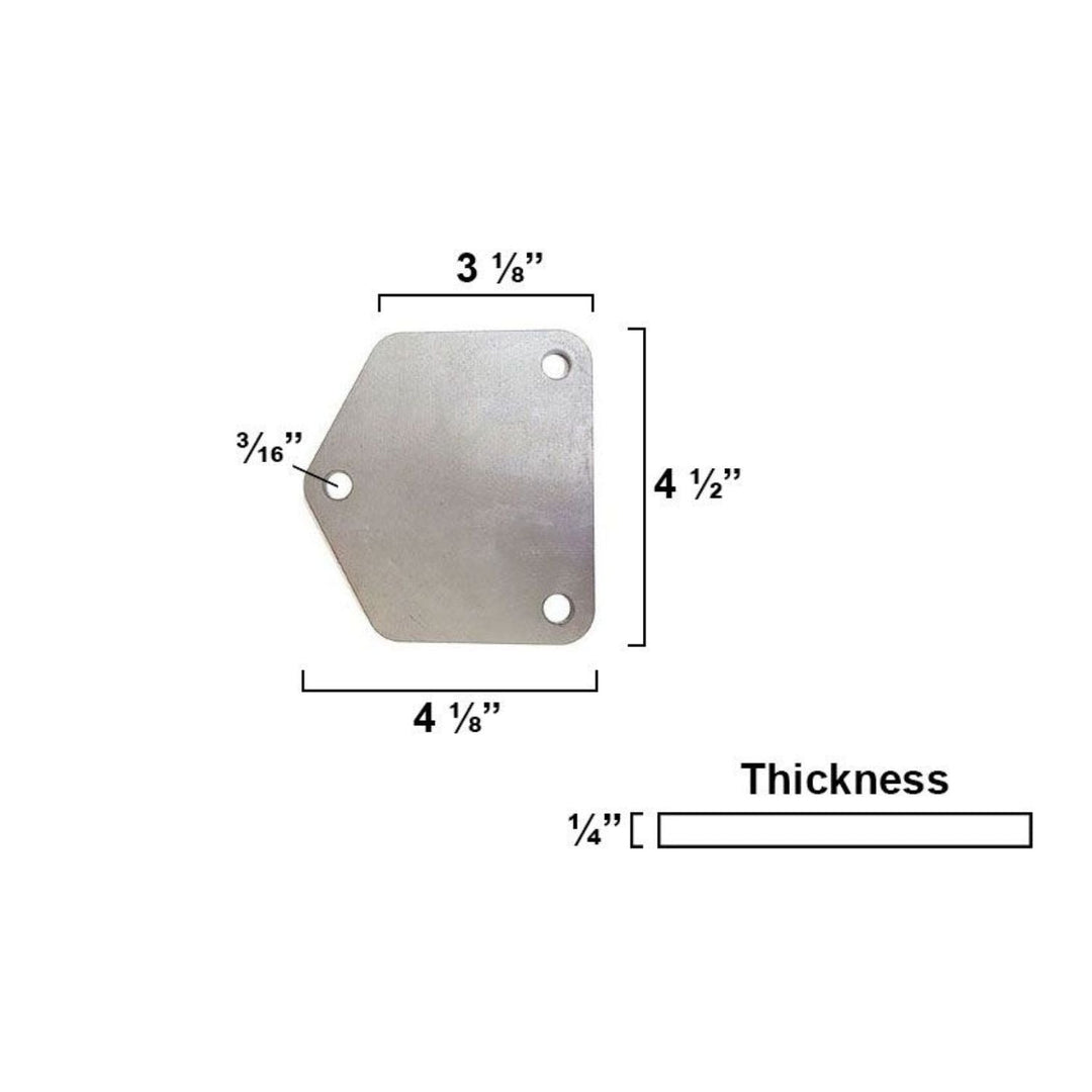 Measurement chart of a 3 bolt sbc bbc engine swap mount plates with dimensions on a white background