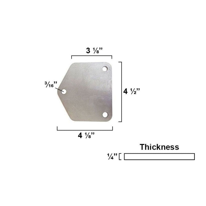 Measurement chart of a 3 bolt sbc bbc engine swap mount plates with dimensions on a white background