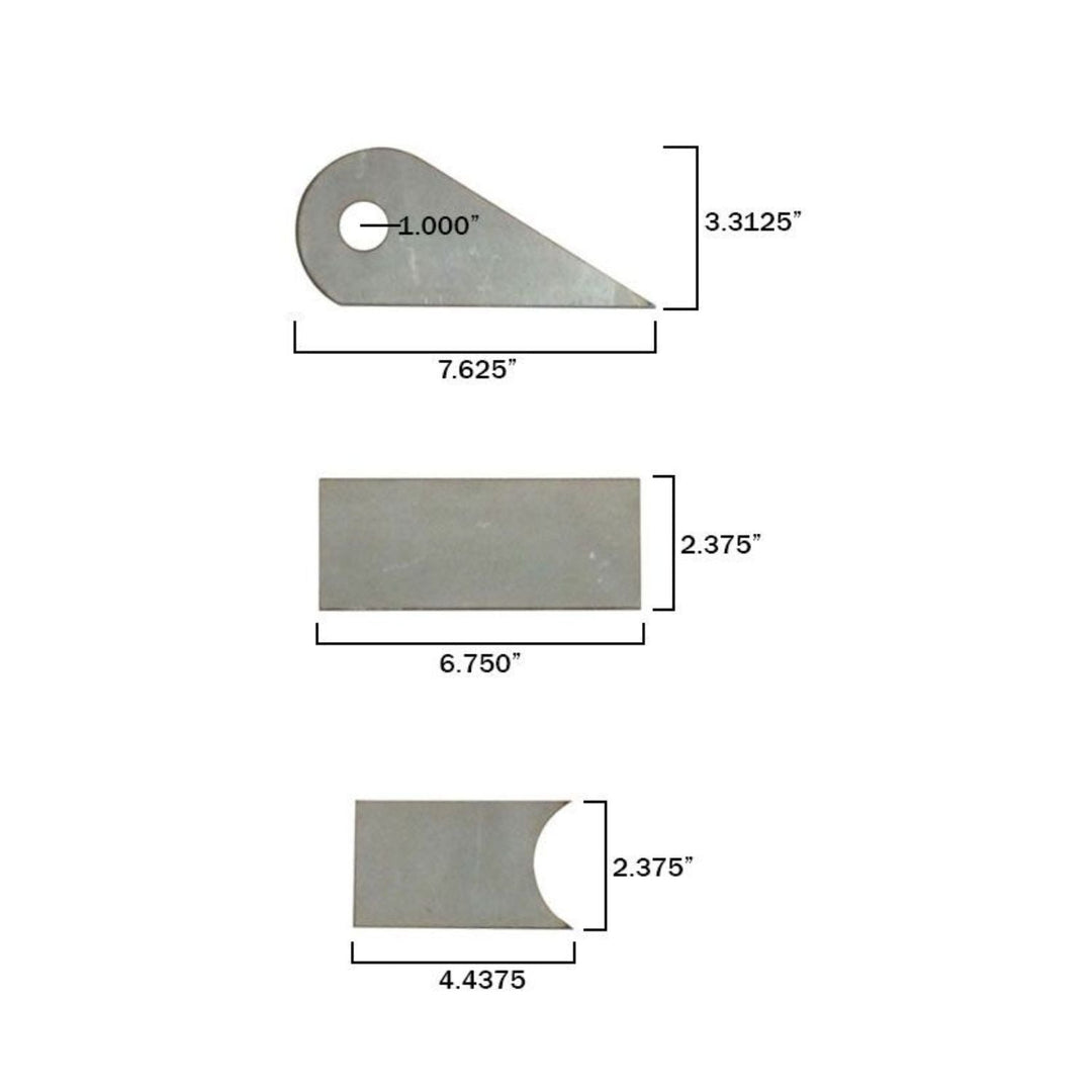 Measurement chart of off-road chassis link tabs with dimensions labeled