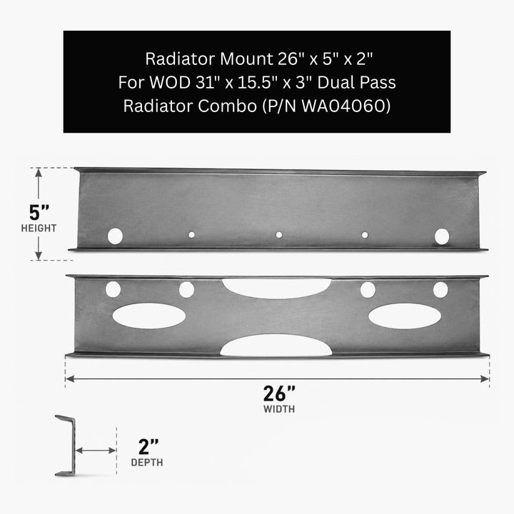 Radiator mount with dimensions and specifications on a white background