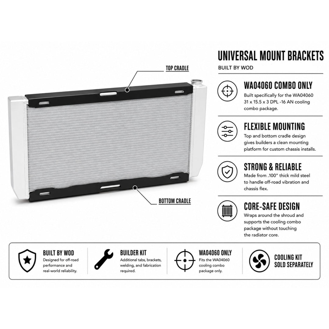 rock bouncer radiator mount for cooling system with detailed specifications on a white background