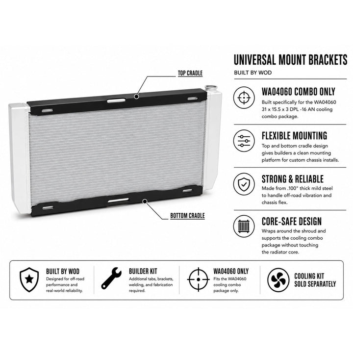 rock bouncer radiator mount for cooling system with detailed specifications on a white background