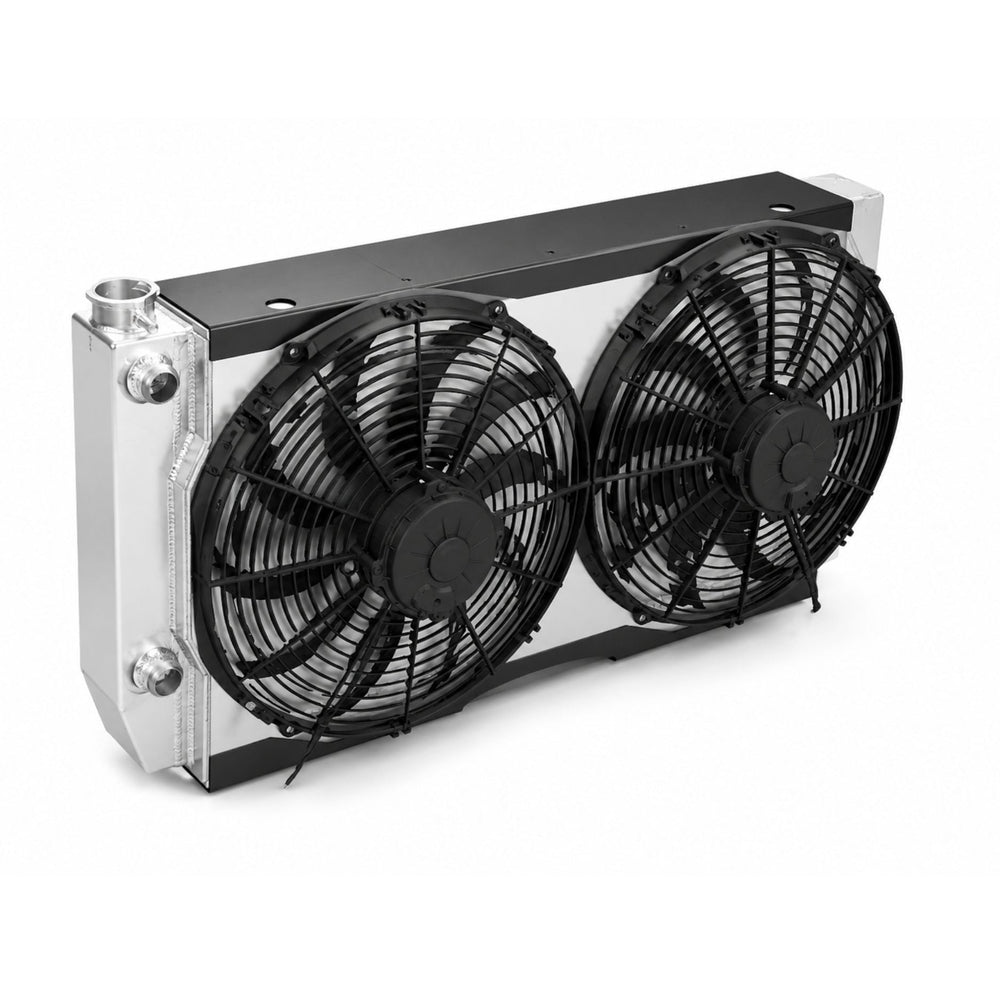 buggy radiator cradle kit installed on a dual radiator fan on a white background