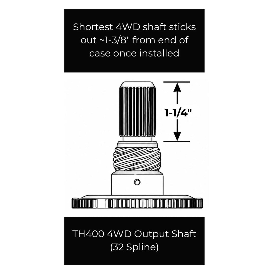 Illustration of a TH400 4WD output shaft with measurement details on a white background.