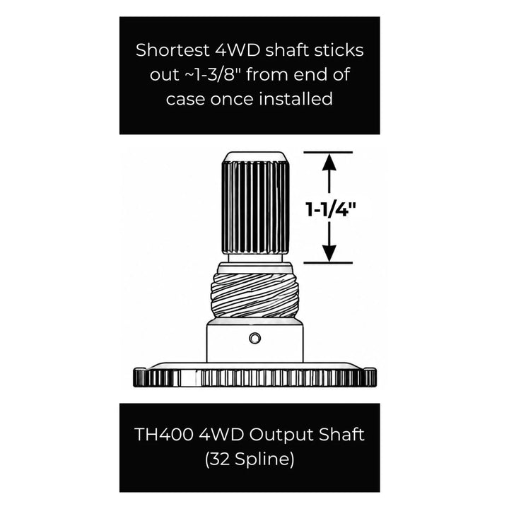 Illustration of a TH400 4WD output shaft with measurement details on a white background.