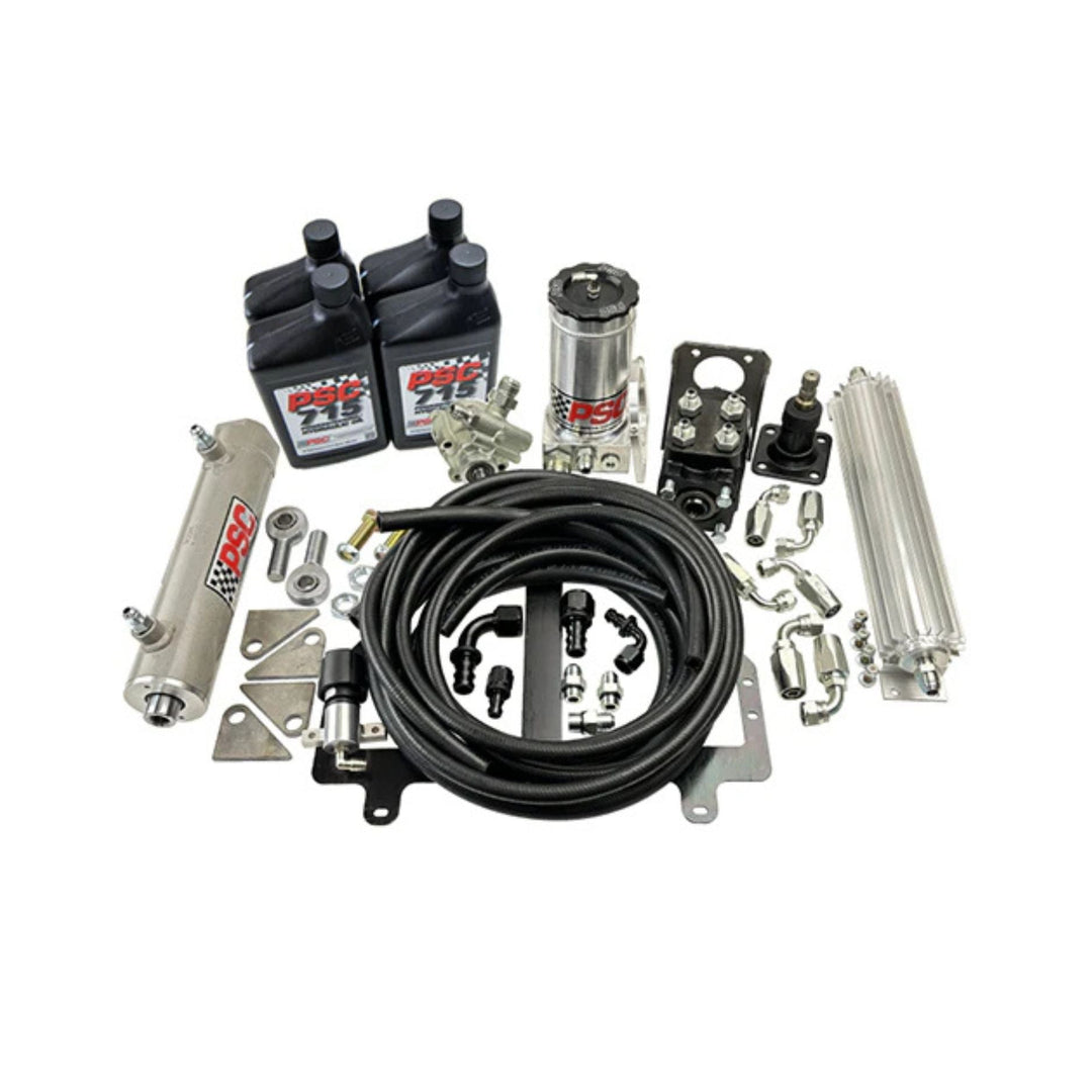 PSC full hydraulic steering kit GM V8 including power steering fluid, hoses, and cylinder on a white background