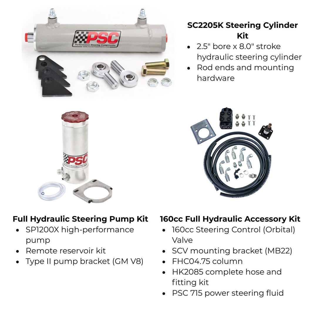 SP1200X full hydro rock crawler steering system including a steering cylinder, pump, and control valve on a white background.