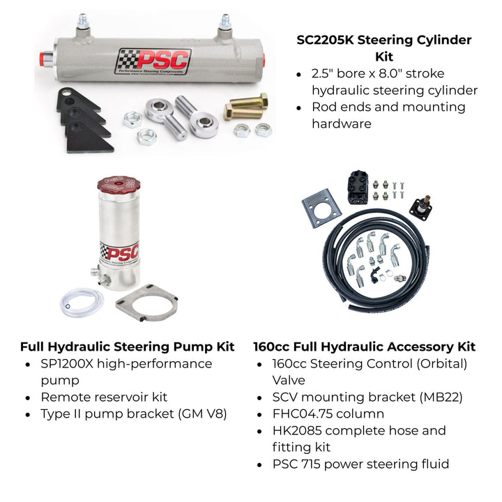 SP1200X full hydro rock crawler steering system including a steering cylinder, pump, and control valve on a white background.