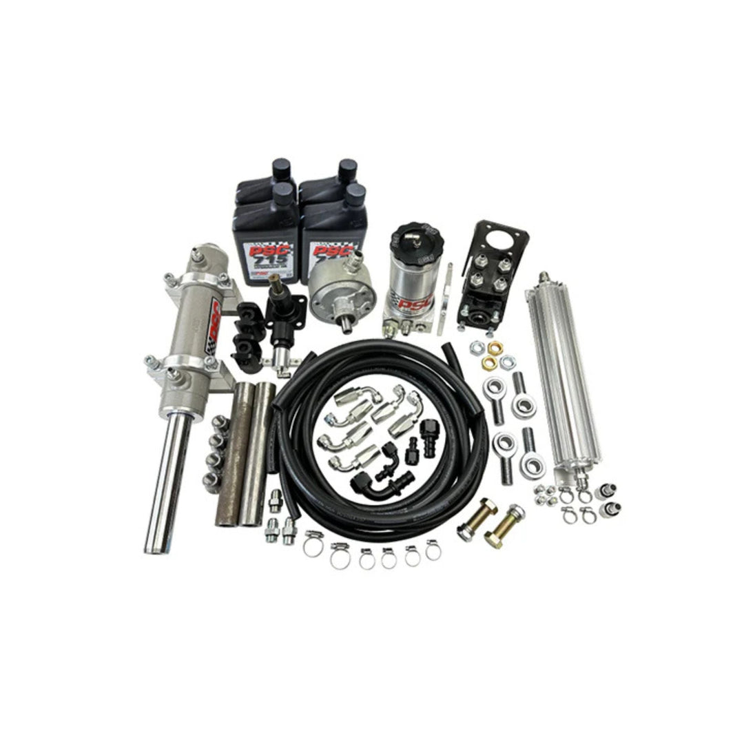 Collection of PSC Rockwell full hydraulic steering kit for a GM V8 on a white background.