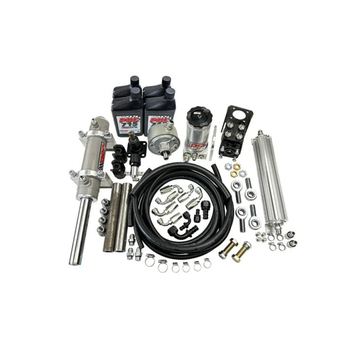 Collection of PSC Rockwell full hydraulic steering kit for a GM V8 on a white background.