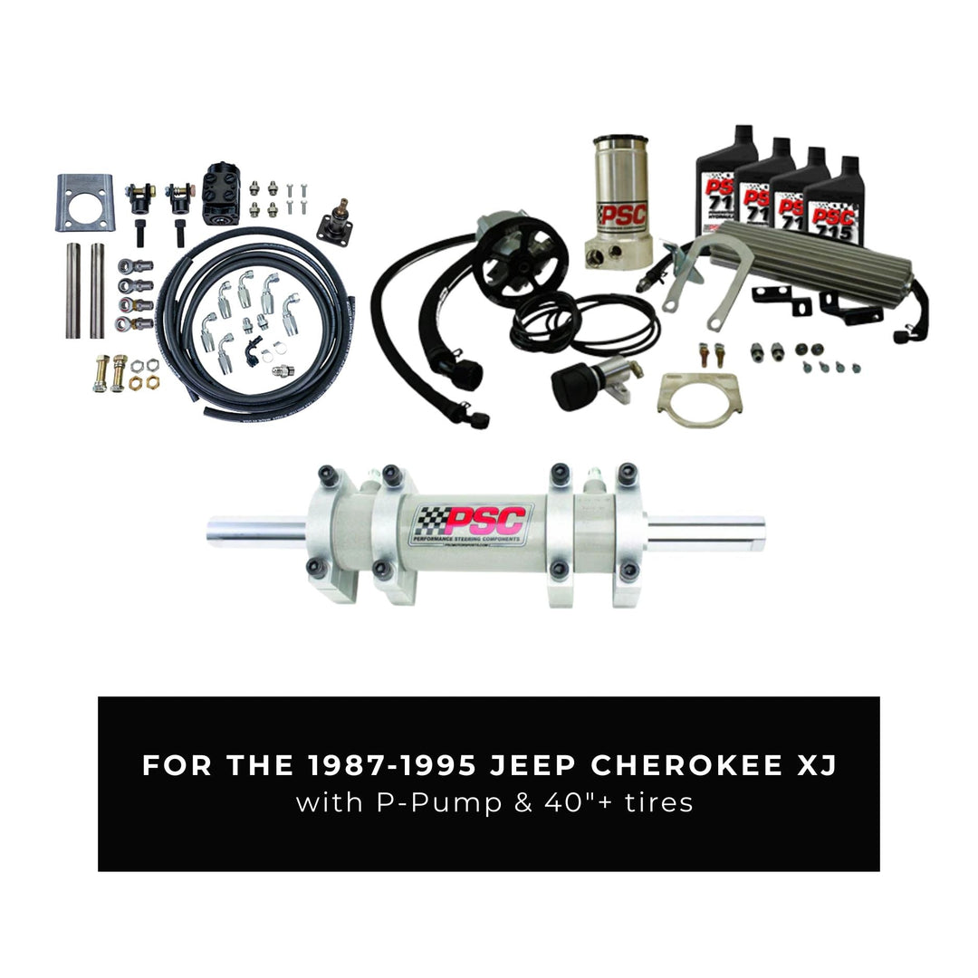 Automotive parts kit for 1987-1995 Jeep Cherokee XJ with P-Pump and 40"+ tires on a white background.