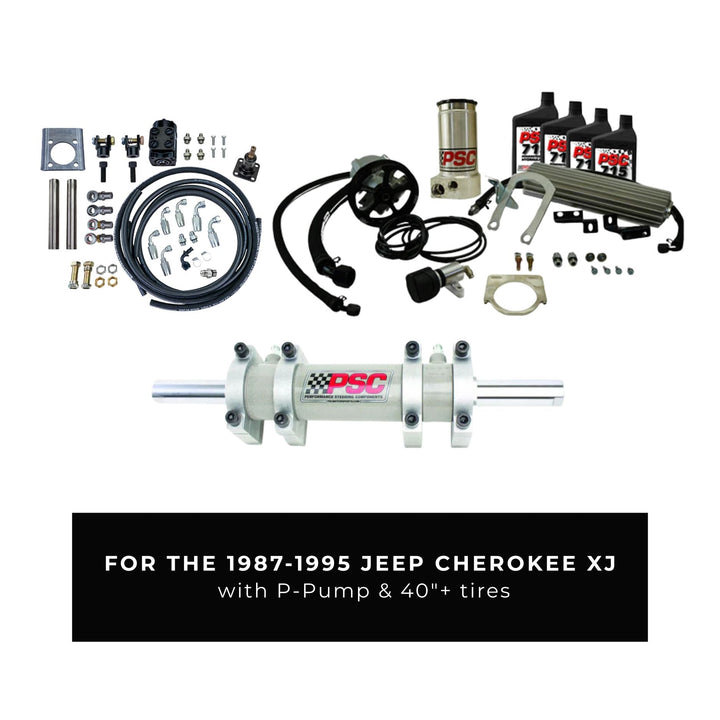 Automotive parts kit for 1987-1995 Jeep Cherokee XJ with P-Pump and 40"+ tires on a white background.