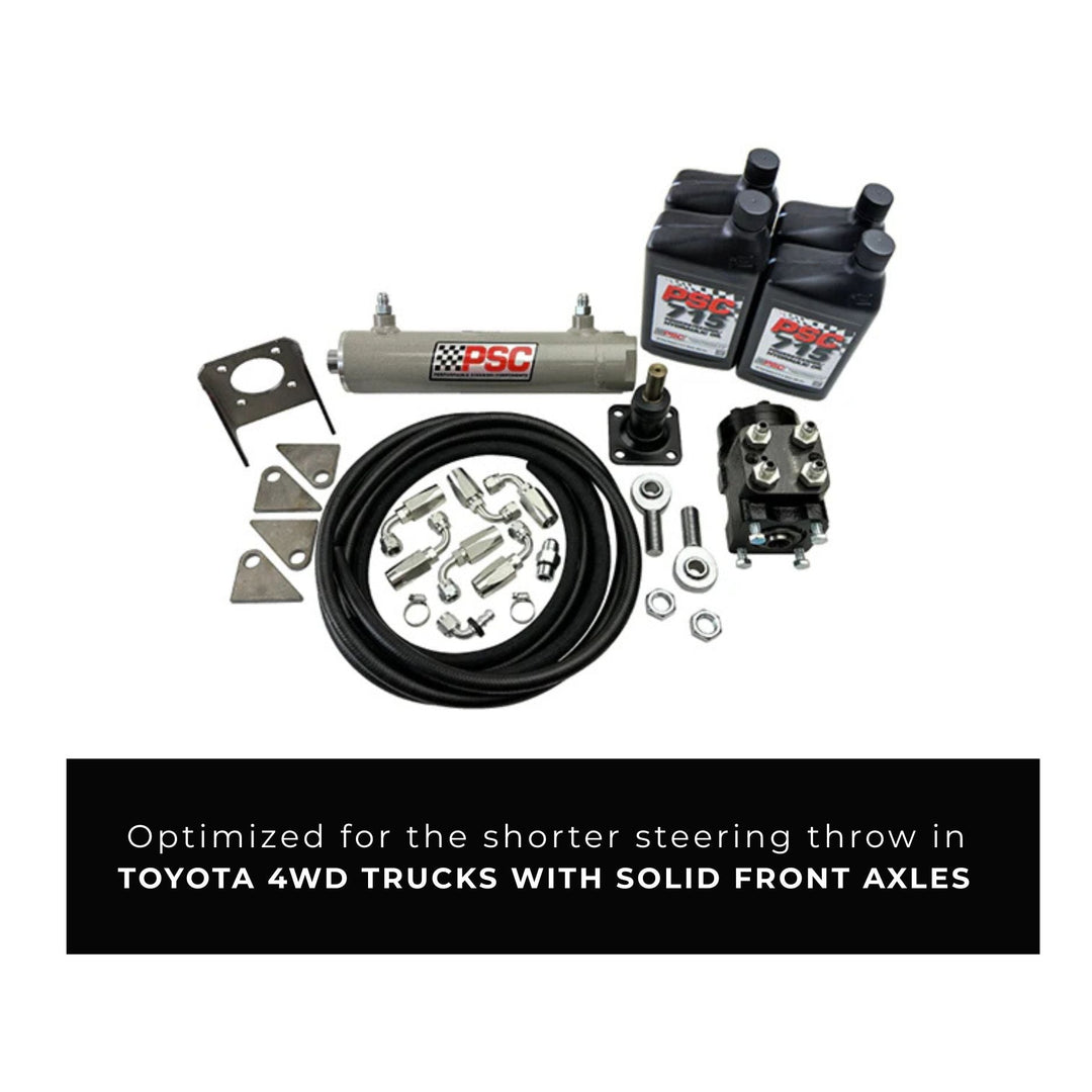 Hydraulic steering kit for Toyota 4WD trucks with solid front axles on a white background.