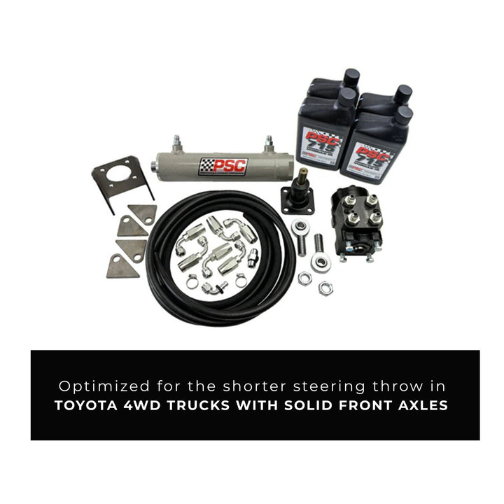 Hydraulic steering kit for Toyota 4WD trucks with solid front axles on a white background.