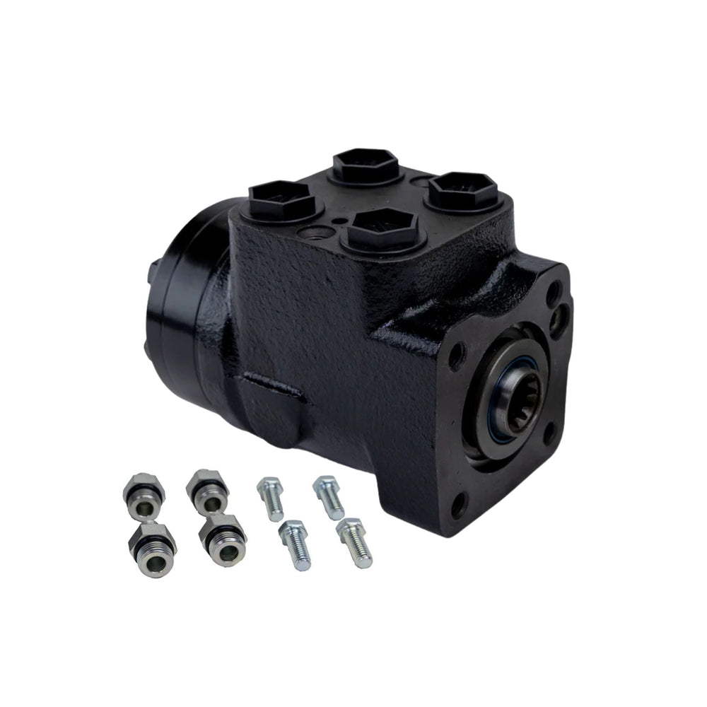 A White Drive Products load reactive steering valve with mounting bolts and nuts, shown on a solid white background.