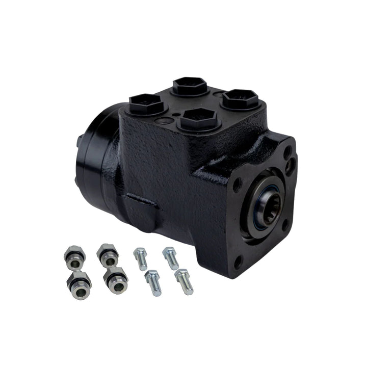 A White Drive Products load reactive steering valve with mounting bolts and nuts, shown on a solid white background.