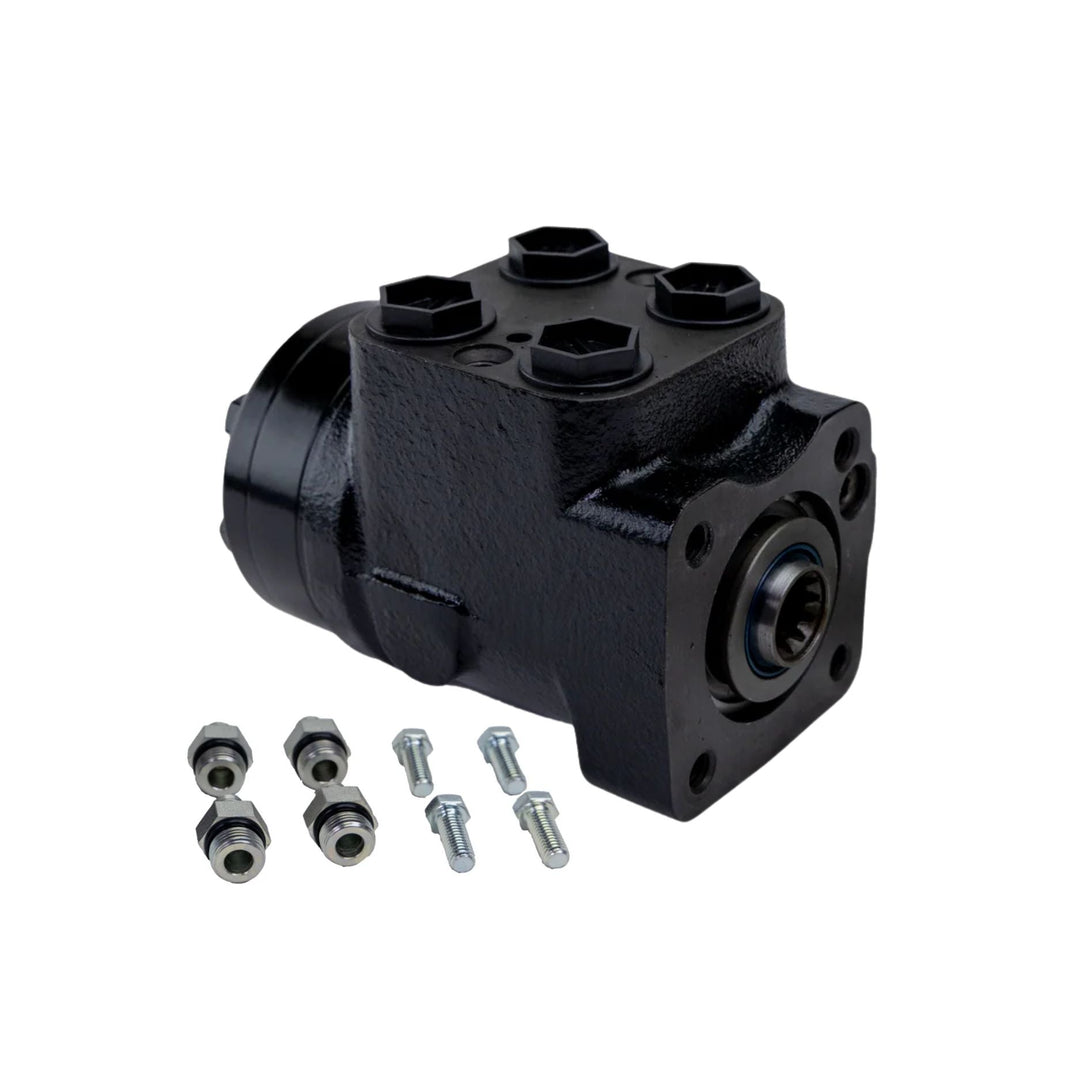 A M&amp;S 160cc full hydraulic steering orbital valve with mounting bolts and nuts, shown on a solid white background.