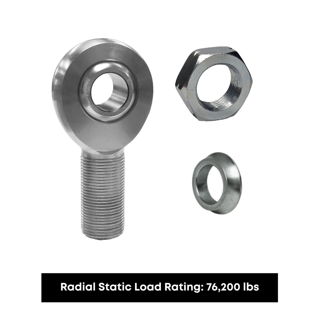 Four Link Rod End Kit with jam nut and spacer on a white background with text indicating radial static load rating.