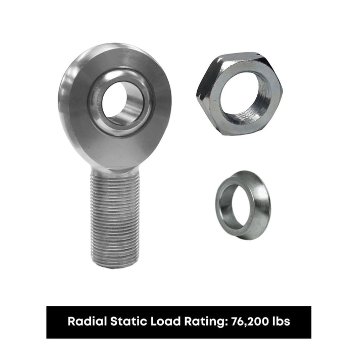Four Link Rod End Kit with jam nut and spacer on a white background with text indicating radial static load rating.