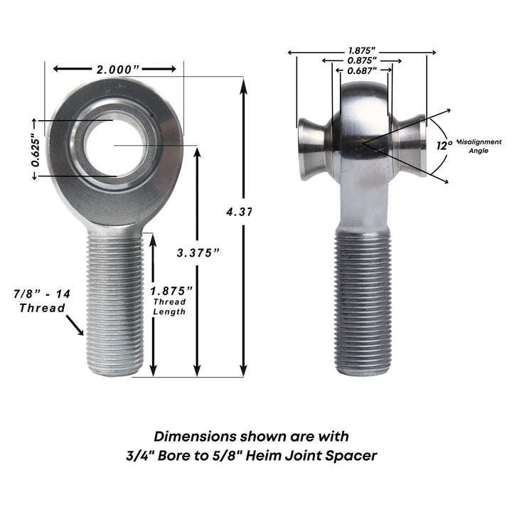 Technical drawing of a heim joint and high angle spacer with dimensions labeled