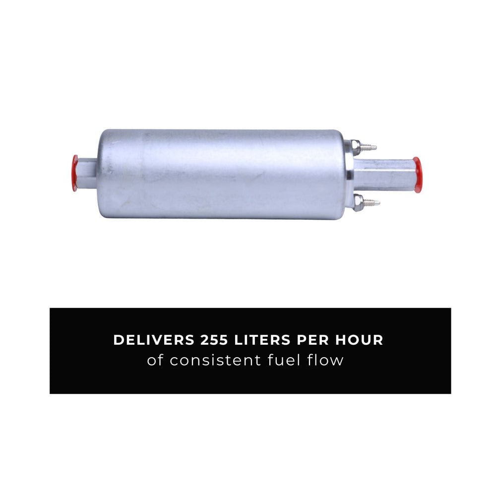 Walbro 255 fuel pump for LS swap with text indicating fuel flow rate on a white background