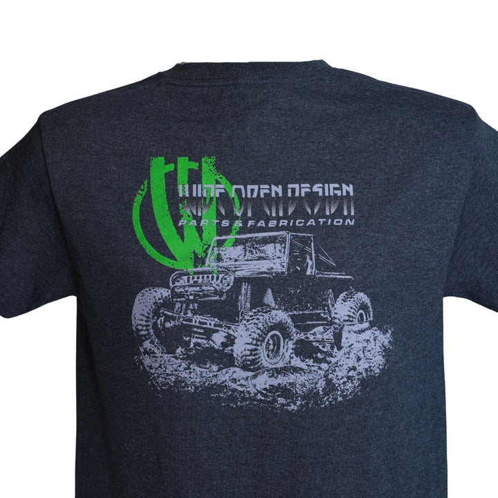 Wide Open Design Jeep shirt with graphic design of a jeep and text on the back, on a white background