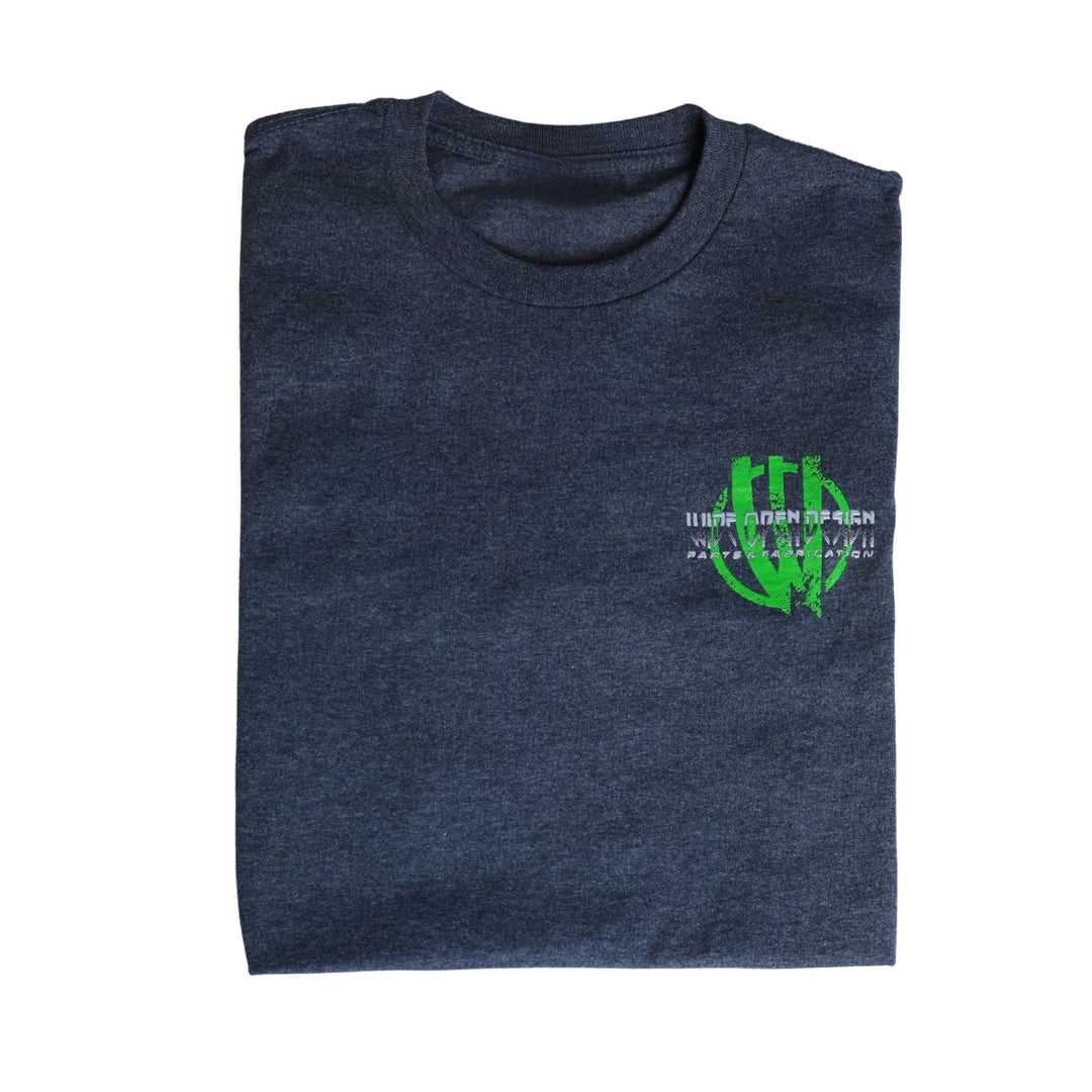 Folded Gildan DryBlend Jeep shirt
with green and white logo on a white background