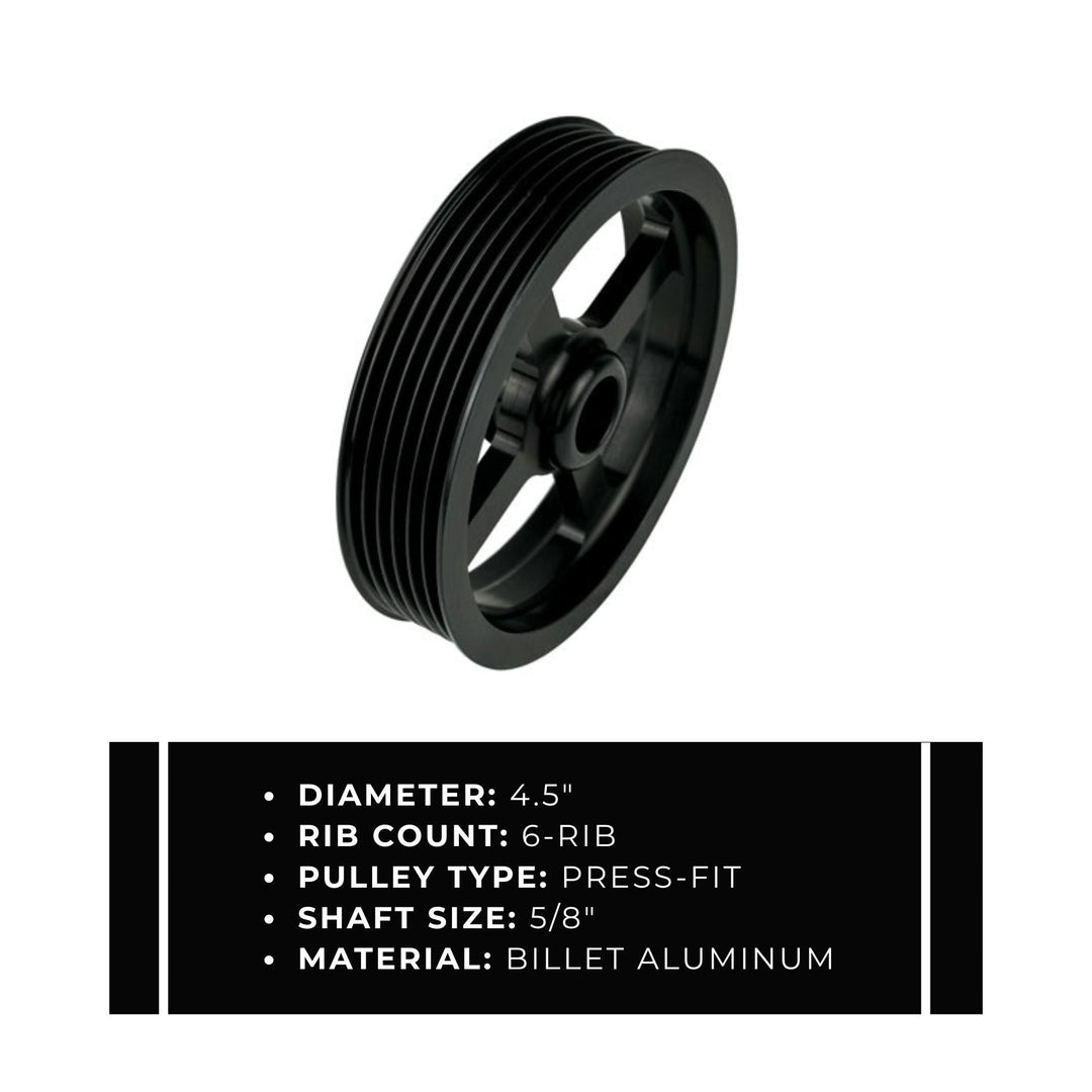 6 rib Type II power steering pulley 5/8" shaft with technical specifications on a white background
