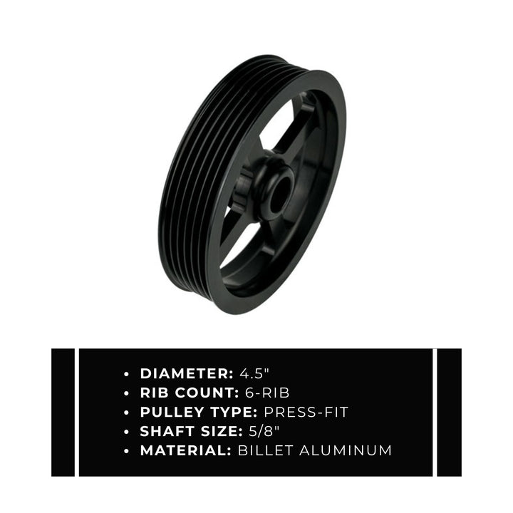 6 rib Type II power steering pulley 5/8" shaft with technical specifications on a white background