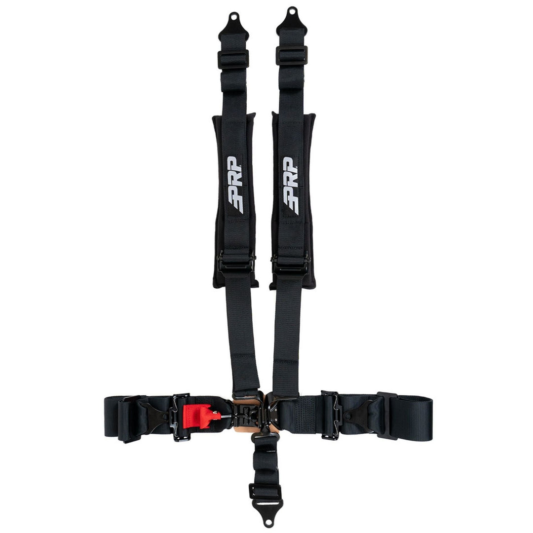 Black 5-point racing harness with PRP logo on a white background