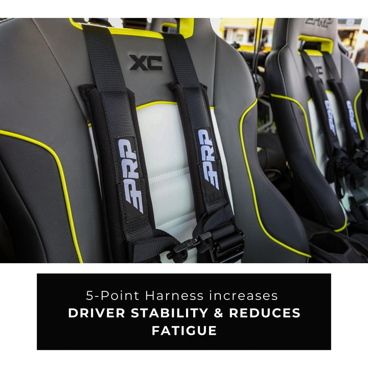 Close-up of a car seat with 3 inch lap 2 inch shoulder racing harness and text highlighting benefits